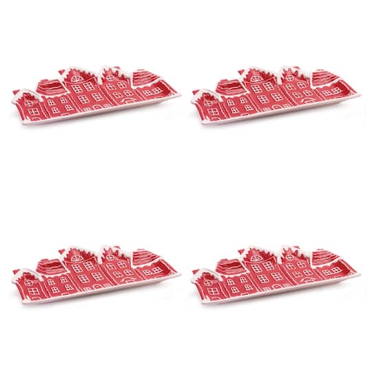Melrose Red & White Ceramic Snowy Village Plates, 4ct.